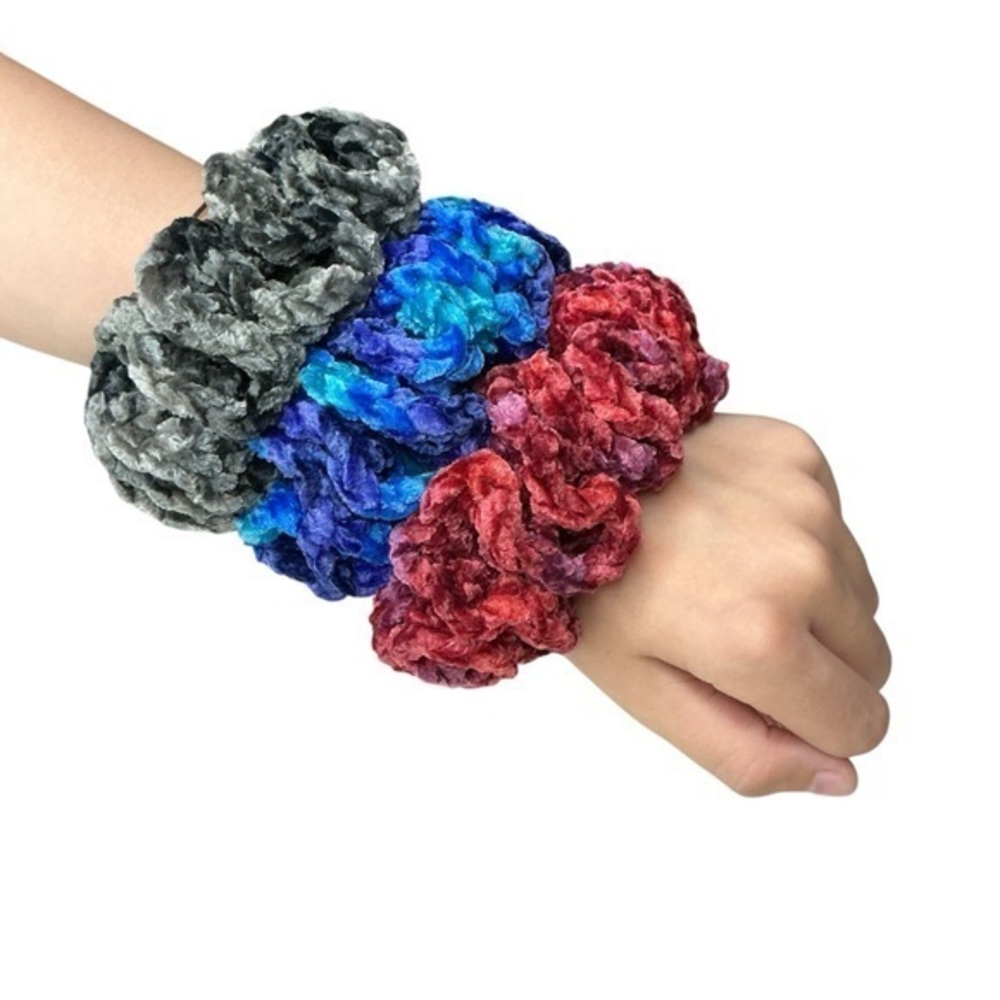 Crochet Crushed Velvet Scrunchie Set of 3‎ Oversized Hair Tie Plush Handcrafted